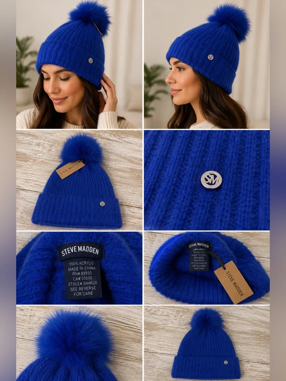 Steve Madden Blue‎ Knit Pom-Pom Hat NEW O/S